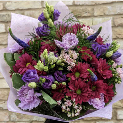 Lilac Fusion - A Selection of mixed Flowers Handtied in Water, Colours to include Pink, Purples and Lilacs, Flower Content may vary